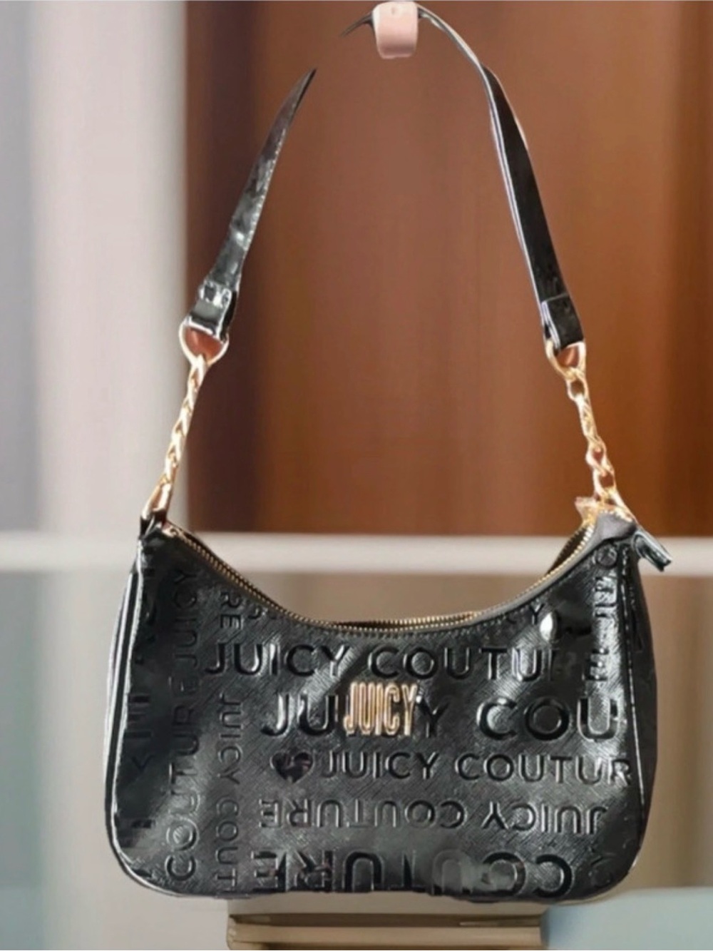 Juicy Couture Black Embossed Logo Shoulder Bag Gold Hardware Glossy Zip Closure